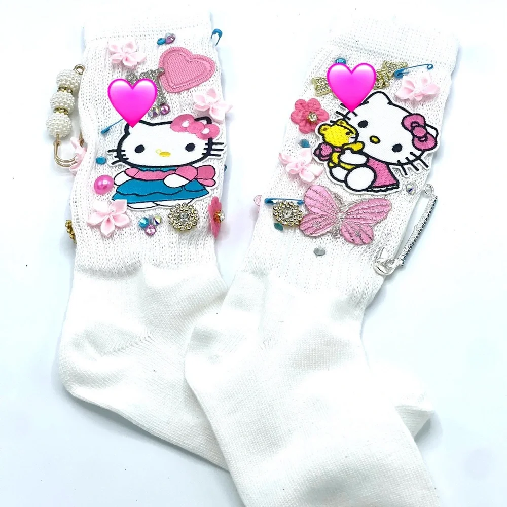 Kelli Kitty Junk White Pink Customized Socks Size 3-5 Kids NEW